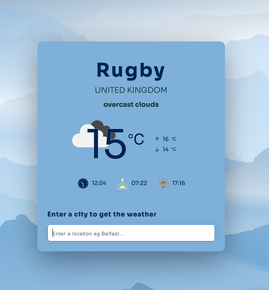 The weather for Rugby showing 15C overcast clouds time 12.24 and sunrise 7:22 and sunset 17:16 on a blue background which sits on top of a background image of clouds