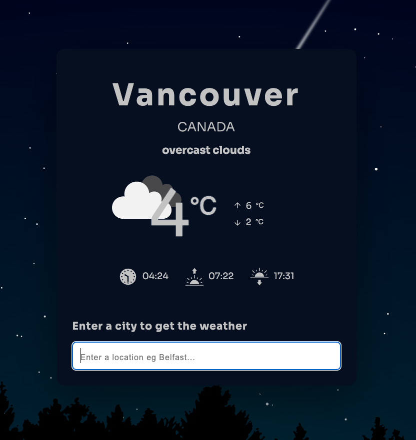 The night time weather for Vancouver, Canada wit 4C temperature, overcast clouds, time is 4:24, sunrise 7:22 and sunset 17:31. There is a background image of a starry night with the tops of trees seen at the bottom of the image.